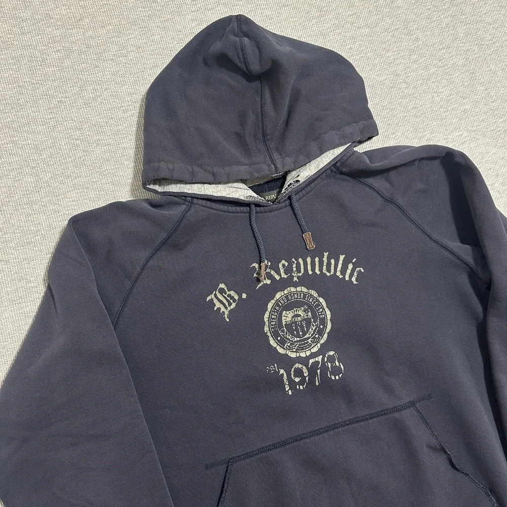 Banana Republic Graphic Pullover Hoodie Distressed Y2K Navy Blue Mens Size L